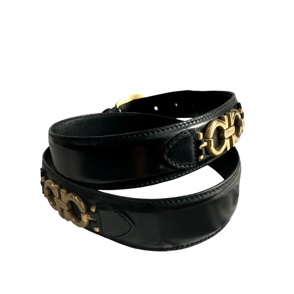SALVATORE FERRAGAMO Black Leather Gold Gancini Women Belt Made in Italy 34 main image 9